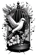 songbird bursting out of a broken cage with scattered music notes, morphing into a phoenix with violets and hawthorne an tattoo design idea