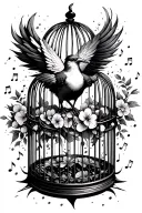 songbird bursting out of a broken cage with scattered music notes, morphing into a phoenix with violets and hawthorne an tattoo design idea