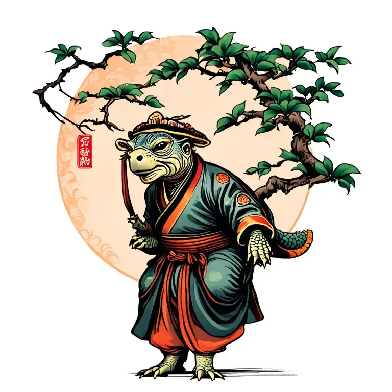 kind elderly tortoise kung fu master at peach tree scene tattoo design idea