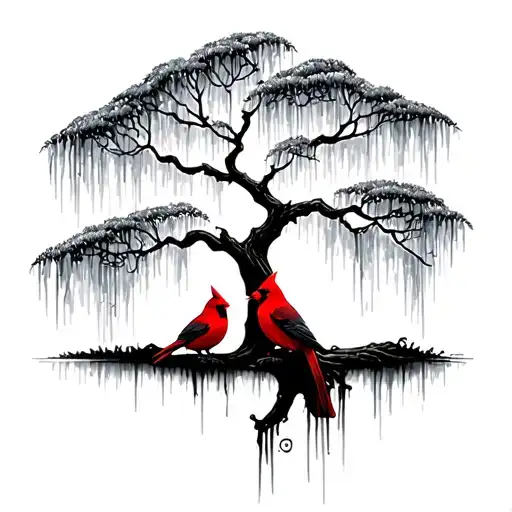 Fine line minimalist tattoo of a weeping willow tree with two Cardinals sitting tattoo design idea