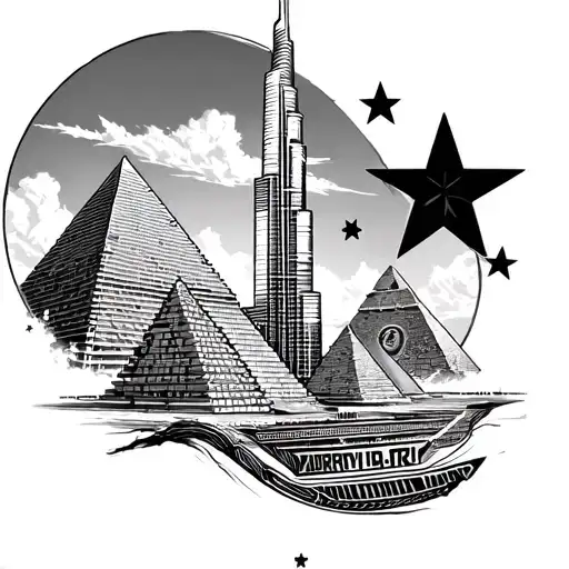 World Cup + Burj Khalifa + Egyptian Pyramids + 3 stars tattoo design idea