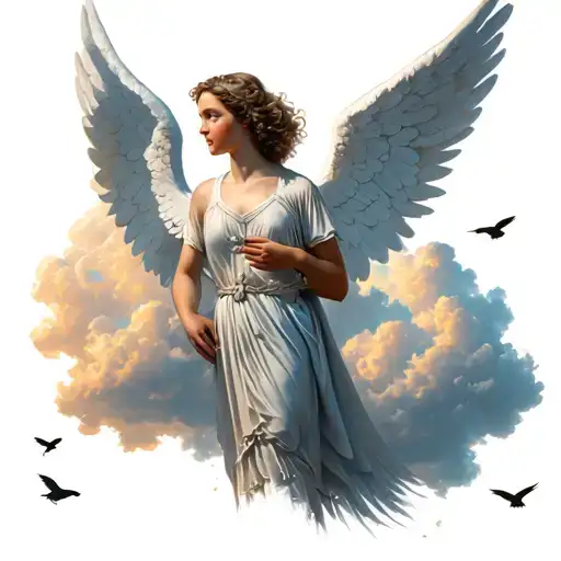"“Your wings were ready but my " guardian angel, clouds, birds tattoo design idea