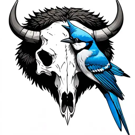 bison skull and blue jay bird tattoo design idea