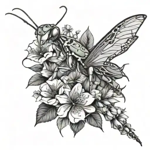 full arm sleeve with praying mantis with small jumping spider surrounded by flowers tattoo design idea
