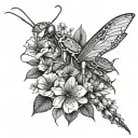 full arm sleeve with praying mantis with small jumping spider surrounded by flowers tattoo design idea