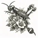 full arm sleeve with praying mantis with small jumping spider surrounded by flowers tattoo design idea