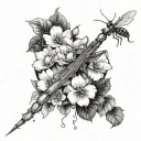 full arm sleeve with praying mantis with small jumping spider surrounded by flowers tattoo design idea