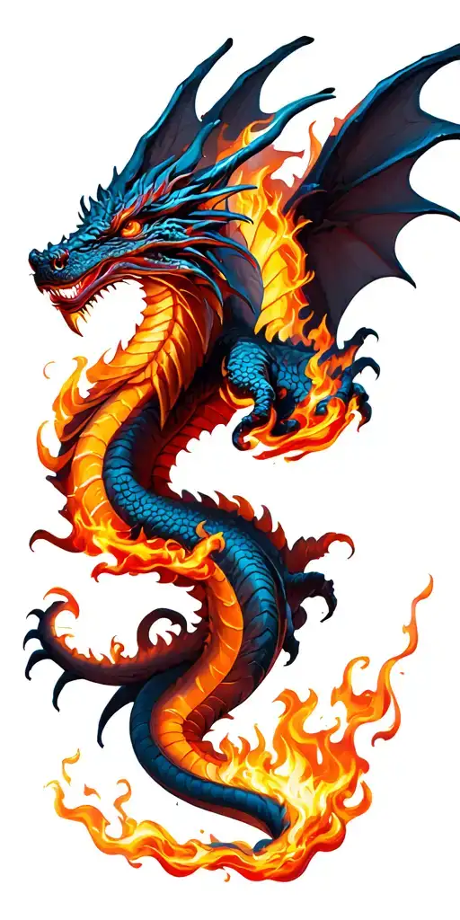 dragon flying down breathing fire flames wrapped tattoo design idea