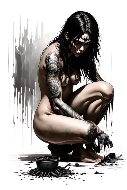 An image of a naked, tense woman. The woman is standing in a scary, dirty room, on her knees, scrubbing the floor with a tattoo design idea