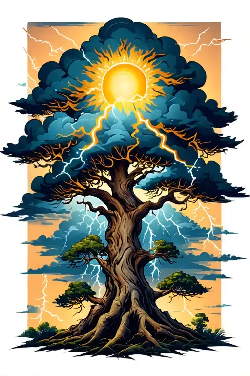 a sun shining through storm clouds with lightning bolts over a large tree tattoo design idea
