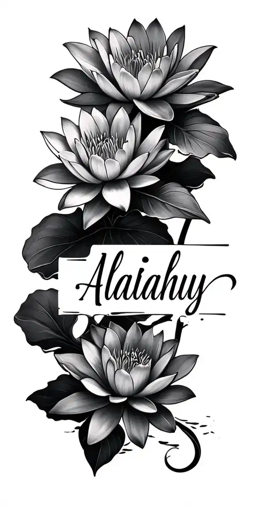 the name Aaliyah written in elegant cursive font and water lily’s surrounding the name tattoo design idea