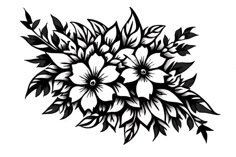  tattoo design incorporating WHITE leaves, MANY WHITE FLOWERS and geometric patterns. RECTABGULAR  tattoo design idea