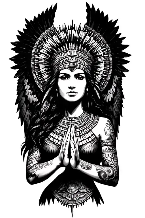 Female aztec angel warrior wearing mayan inspired tattoos on entire body with halo while worshipping the sun tattoo design idea