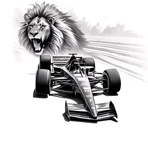 formula 1 race car and lion roaring tattoo design idea