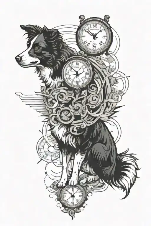 “A Border Collie tattoo, along with a somewhat abstract clock that evokes the idea of travel, the passage of time, and t tattoo design idea