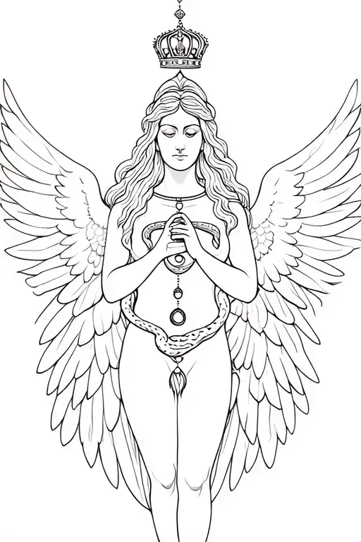 goddess holding two snakes. one is dead one is alive. eagle wings spread wide. crown. Chakras tattoo design idea