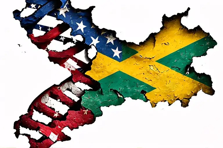 Jamaican flag intertwined with American flag  DNA double helix ripped skin look tattoo design idea
