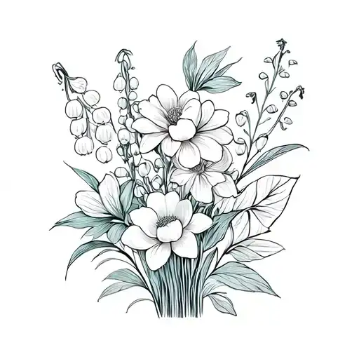 fine line flower bouquet with a violet, lily of the valley, honeysuckle, water lily, and poppy tattoo design idea