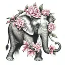 elephant surrounded by pink carnations and hummingbirds tattoo design idea