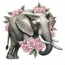 elephant surrounded by pink carnations and hummingbirds tattoo design idea