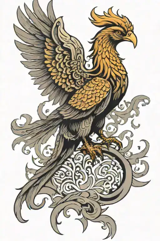 Persian phoenix rising from ashes with background of Persian warriors  tattoo design idea