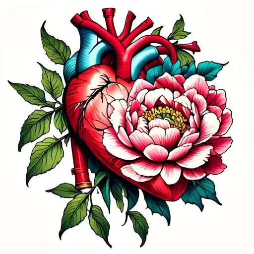 A neo-traditional Italian-style tattoo flash of an anatomical heart splitting open with a blooming peony flower emerging tattoo design idea