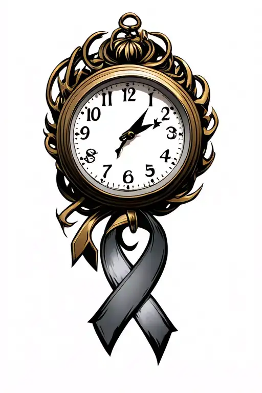 memory clock face tattoo with fishing hooks and gold cancer awareness ribbon tattoo design idea