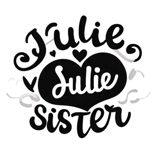 "Julie sister " heart and infinity symbol single line tattoo with name in line work tattoo design idea