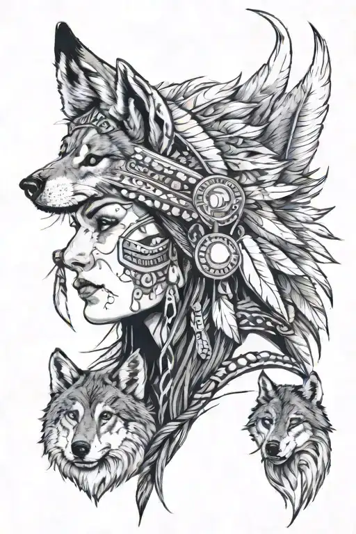 female warrior with indian style head dress, snarling wolf head above her and two small cubs below looking up at her tattoo design idea
