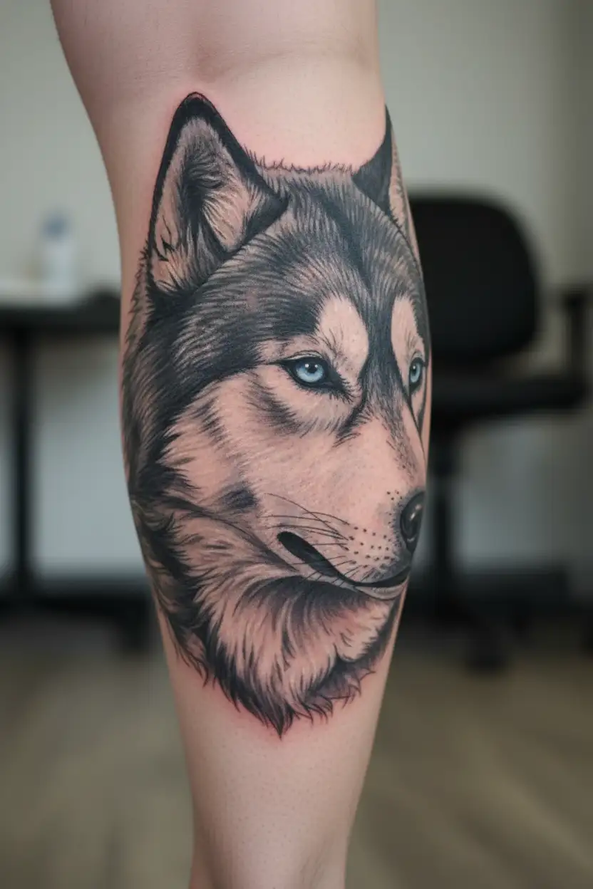 Red husky face tattoo design idea