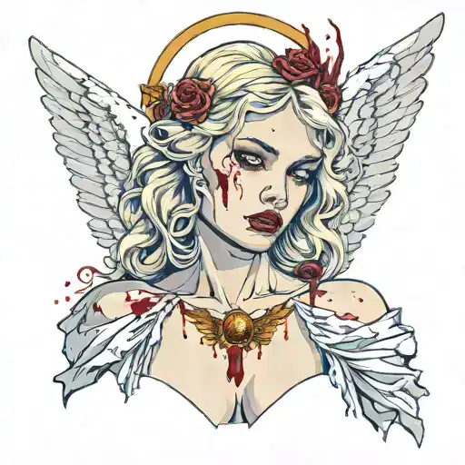 sexy blonde angel girl big bust, golden halo, pale skin white wings revealing white dress covered in blood evil pin-up tattoo design idea