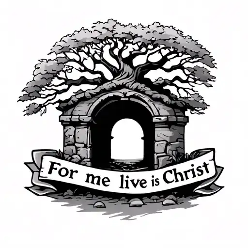 an empty christian tomb with a tree growing and a banner through the tree branches saying for me to live is christ tattoo design idea