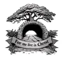 an empty christian tomb with a tree growing and a banner through the tree branches saying for me to live is christ tattoo design idea