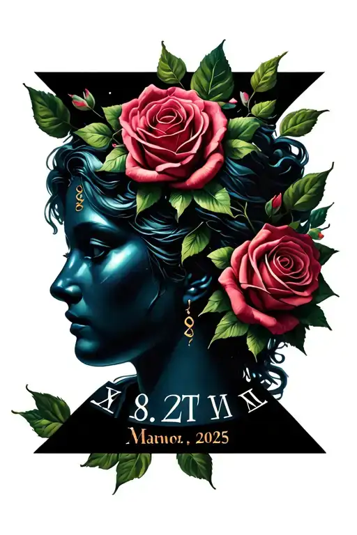 Aurora with roses and the roman numerals of 8.27.2025 tattoo design idea