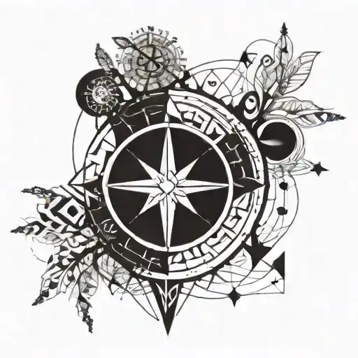 symbolic elements like a tree for growth, a compass for guidance, and abstract geometric patterns to represent creativit tattoo design idea