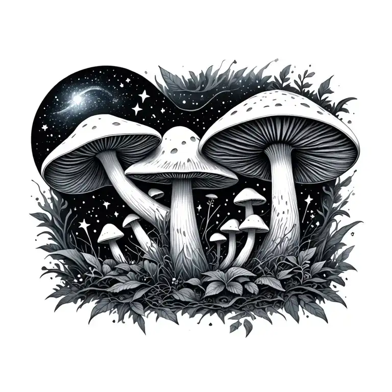 galaxy of stars and mushrooms tattoo design idea