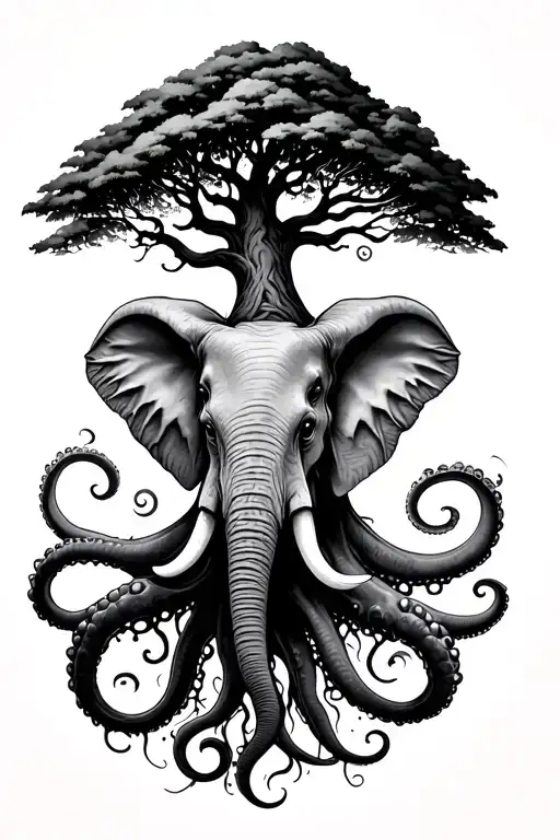 Full arm sleeve tattoo with a tree at the top and the roots of the tree turn into octopus tentacles and elephant head tattoo design idea