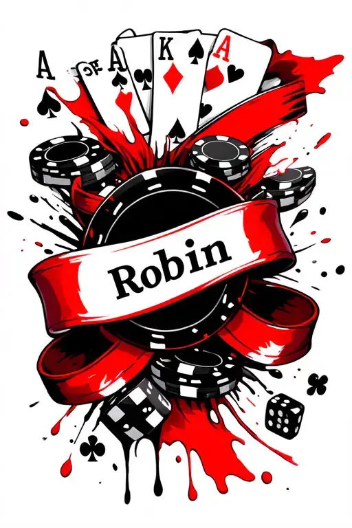 playing cards poker chips and dice with the name Robin inside of a ribbon tattoo design idea
