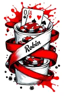 playing cards poker chips and dice with the name Robin inside of a ribbon tattoo design idea