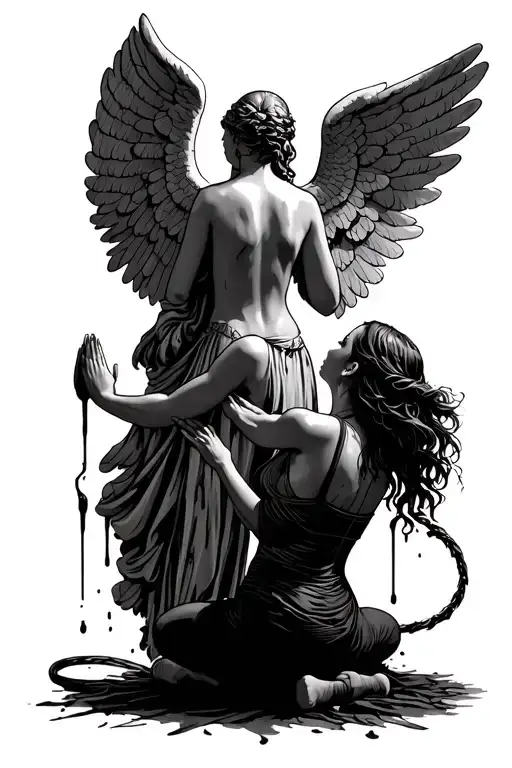 The girl on the knees from the side of the back prays a large statue of an angel, the back in the blood from Kravi, a whip lies nearby tattoo design idea