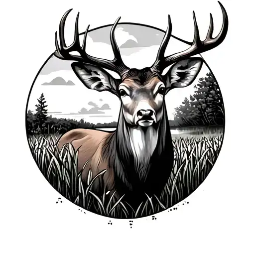 whitetail buck in corn field with pond in the background tattoo design idea