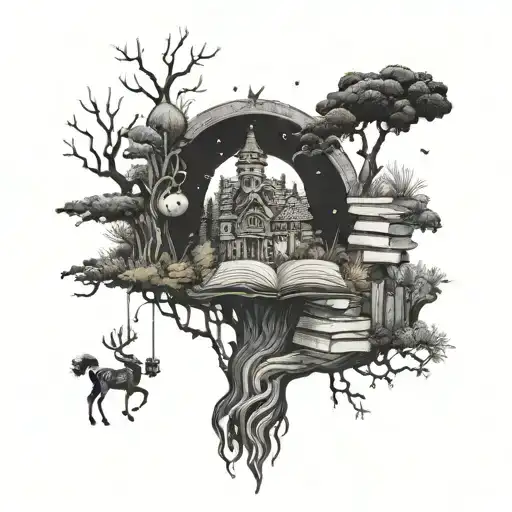 A mystical forest scene with books growing as trees and magical creatures peeking out tattoo design idea