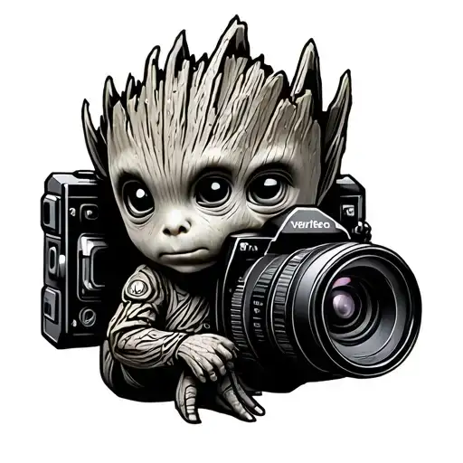 Baby Groot and Camera tattoo design idea