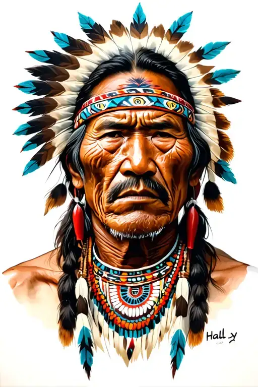 eve American Indian man (Hala y) with wrinkles and on his face symbols of their cultures tattoo design idea