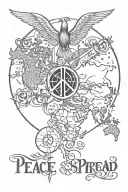 peace and spread love and not hate and world map for transition between the images for forearm tattoo in black and whit tattoo design idea
