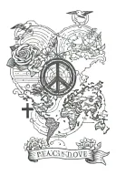 peace and spread love and not hate and world map for transition between the images for forearm tattoo in black and whit tattoo design idea