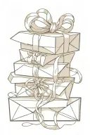 Stack of letters/envelopes with a sealed wax with the letter e in cursive. The stack is tied together with a lace bow. tattoo design idea