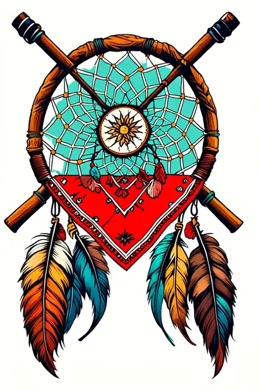 red bandana around a dream catcher with fishing poles crossed behind it tattoo design idea
