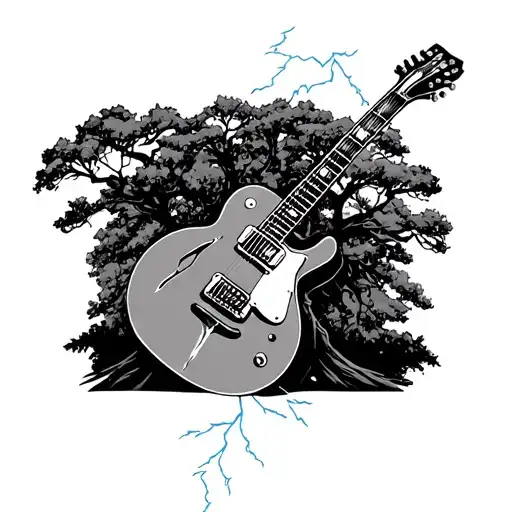 guitar with oak trees surrounding it and lightning coming from the bottom tattoo design idea