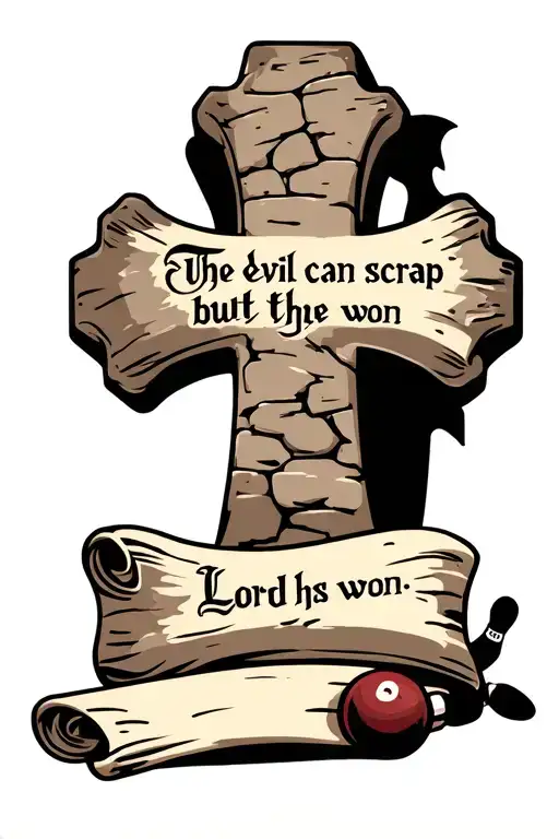 cobblestone cross with writing "the devil can scrap but the Lord has won" in old font on a scroll. with a bowling lane tattoo design idea